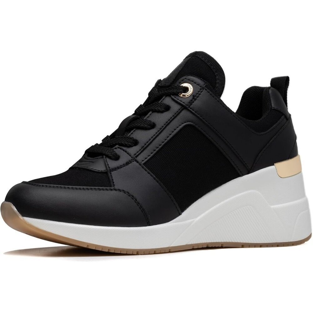 Cestfini Women Black Wedge High Heeld Lace Up Daily Wear Sneaker for Casual